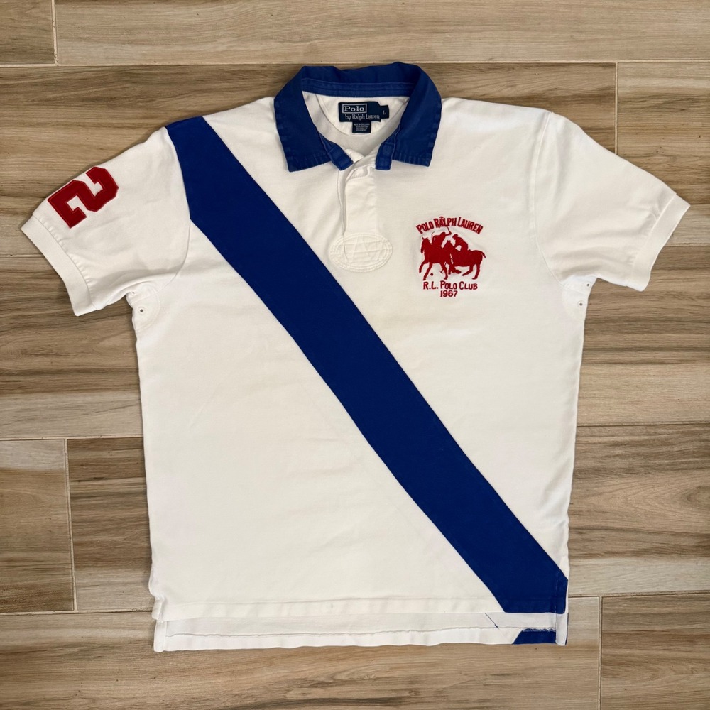 Polo Ralph Lauren Mens RL Polo Club 1967 Sash Crest Polo Shirt White Blue Large